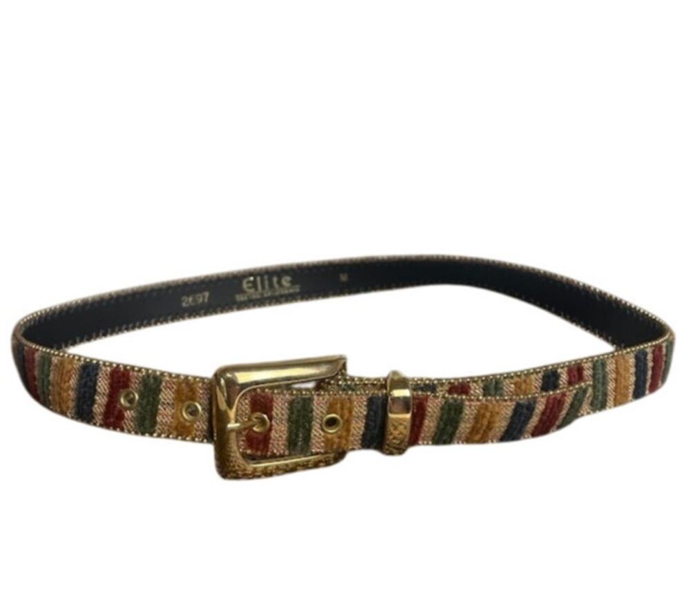 Elite‎ Vintage Striped Tapestry Belt Boho Jewel Tone Jewel Tone Gold Tone Buckle
